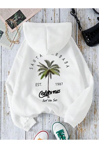 AEMİ Hanorac unisex cu glugă din bumbac de iarnă, imprimat pe spate, Santa Barbara