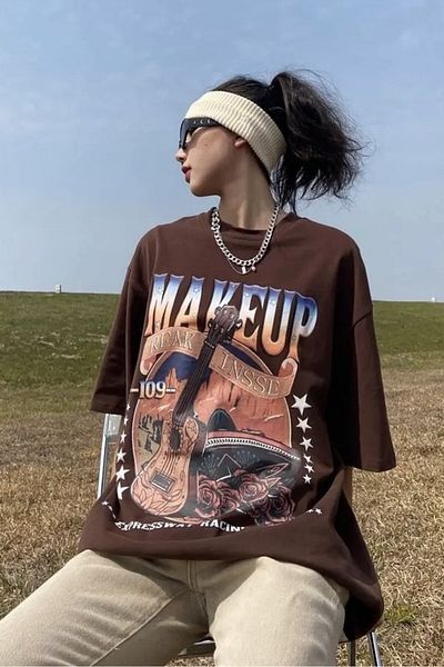 EFBUTİK Brown Unisex Make Up Guitar T-shirt