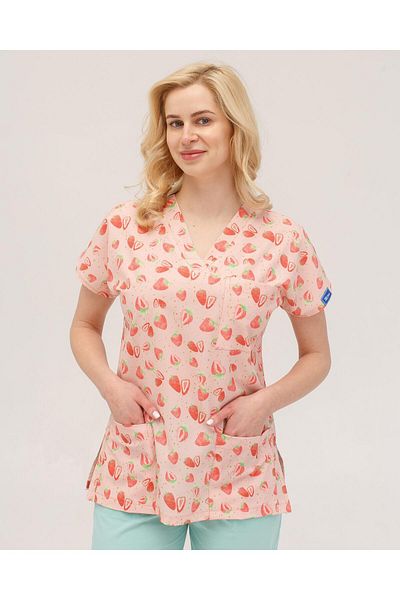 Dr. Mitra Women's Lycra Bat Sleeve Nurse Doctor Strawberry Print Single Top Jersey