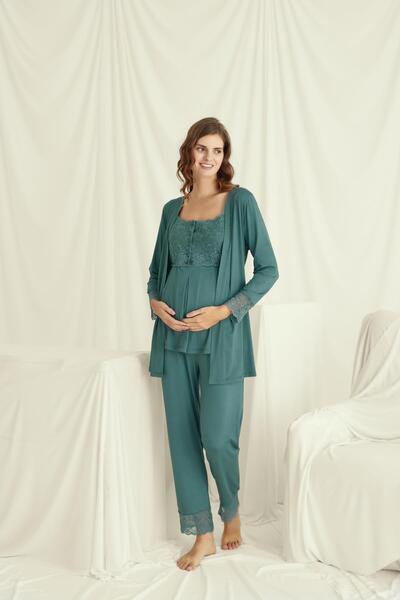 MONAMİSE Monamise Kadın Dantelli Önü Düğmeli Hamile Lohusa 3'lü Pijama Takımı 18535