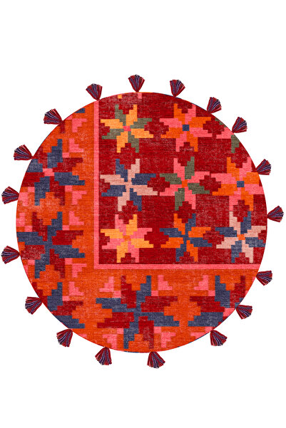 Rugs Modern Halı Yuvarlak 567 Etnik Çiçek Temalı Saçaklı Dokuma Taban Halı Mi...