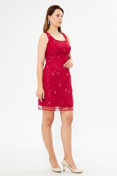 Bidoluelbise Red 3D Butterfly Lace Square Collar Sleeveless Mini Evening Dress