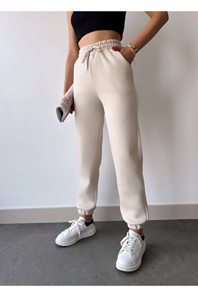 NİCE Women's Beige Winter Thick Fleece Basic Jogger Sweatpants with Elastic Legs