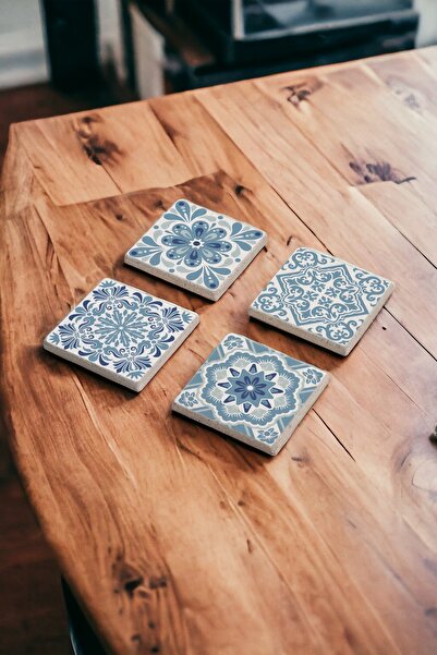 Baumatelier نمط بلاط أزرق فاتح، طقم قواعد أكواب من حجر الترافرتين الطبيعي من ...