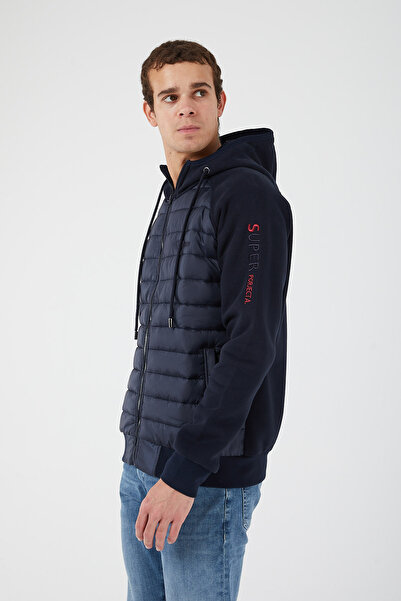 UNIQROY Elyaf Dolgulu Kapüşonlu Kapitone Rahat Kesim Sweatshirt Lacivert