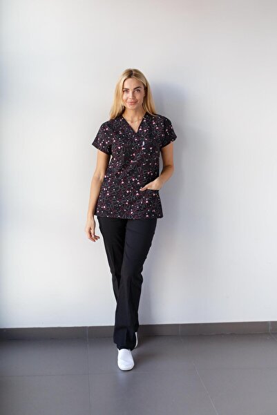 Dr. Mitra Kadın Likralı Yarasa Kol Hemşire Doktor Steteskop Desenli Siyah Tek...