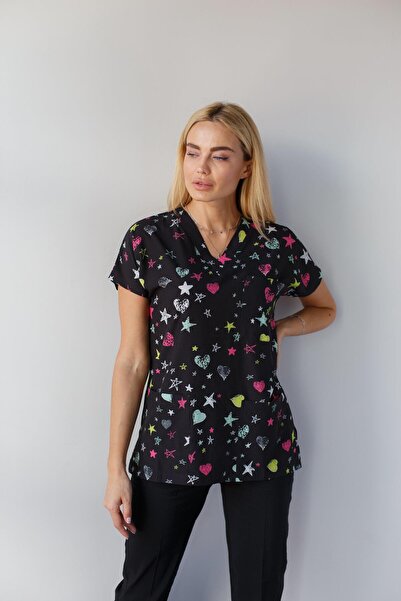 Dr. Mitra Kadın Likralı Yarasa Kol Hemşire Doktor Yıldız Desenli Tek Üst Siya...