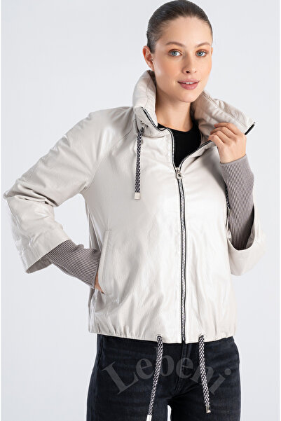 Lebeni Hakiki Deri Ceket Kadın - Yumuşak Deri Spor Ceket Dik Yaka Gizli Kapüş...