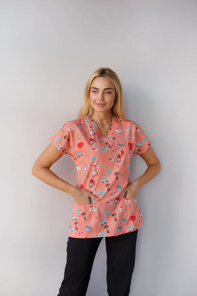 Dr. Mitra Kadın Likralı Yarasa Kol Hemşire Doktor Maske Desenli Tek Üst Forma