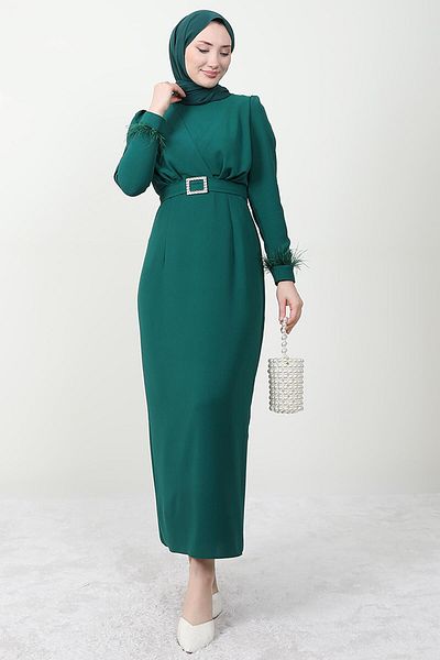Giza Giyim Φόρεμα Hijab με λεπτομέρεια με πούπουλα Forest Green