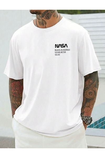 BYMEER Tricou oversize, alb, cu imprimeu Nasa