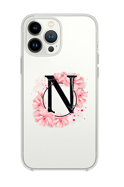 mooodcase Iphone 13 Pro Max Pembe Çiçek Desen N Harfli Premium Şeffaf Silikon Kılıf