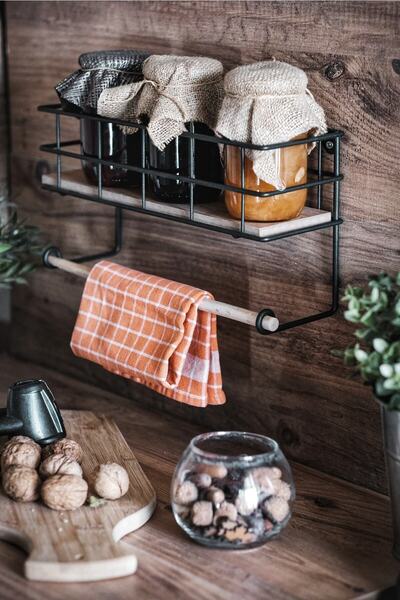 Bye Concept More رف جدار المطبخ ورف ورق مناديل ورف معدني متعدد الأغراض مع رف خشبي