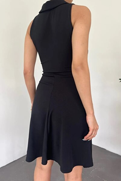 bayansepeti Kadın Gömlek Yaka Ottoman Tasarım Esnek Kumaş Kolsuz Siyah Abiye Elbise 5060