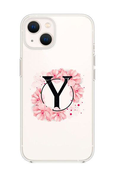 mooodcase Iphone 13 Uyumlu Pembe Çiçek Desen Y Harfli Premium Şeffaf Silikon Kılıf
