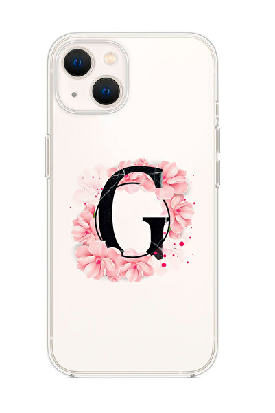 mooodcase Iphone 13 Pembe Çiçek Desen G Harfli Premium Şeffaf Silikon Kılıf