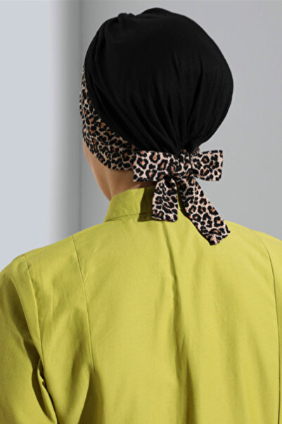 Vera Καπάκι κολύμβησης Arya Ready Turban Χτενισμένο βαμβακερό λεοπάρ μαύρο χιτζάμπ Καπάκι κολύμβησης με δέσιμο λεοπάρ λουράκι