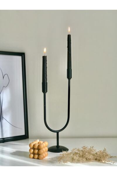Kübra Özdemir Store Metal Şamdan & Mumluk 2 Kollu Dekoratif Siyah Şamdan