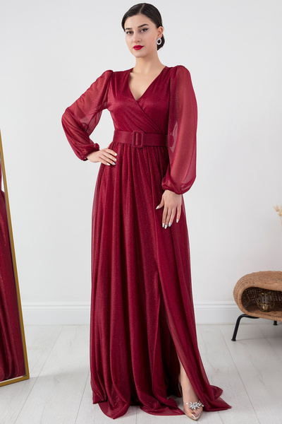 PULLIMM Double Breasted Collar Long Sleeve Glitter Dress with Belt 13369