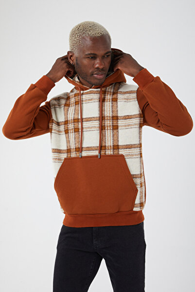 Kapüşonlu Ekoseli Içi Polarlı Regular Fit Standard Kesim Fermuarlı Cepli Kapüşonlu Sweatshirt Taba