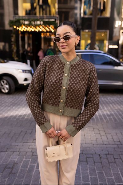 My Blog Women's Brown Gold Button Detailed Patterned Cardigan
