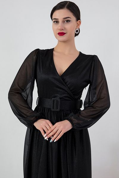 PULLIMM Double Breasted Collar Long Sleeve Glitter Dress with Belt 13369