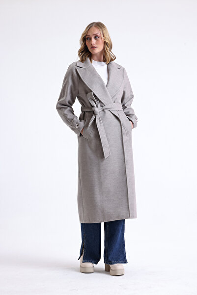 kabancım Kadın Kuşaklı Premium Dokulu Kaşe Kaban