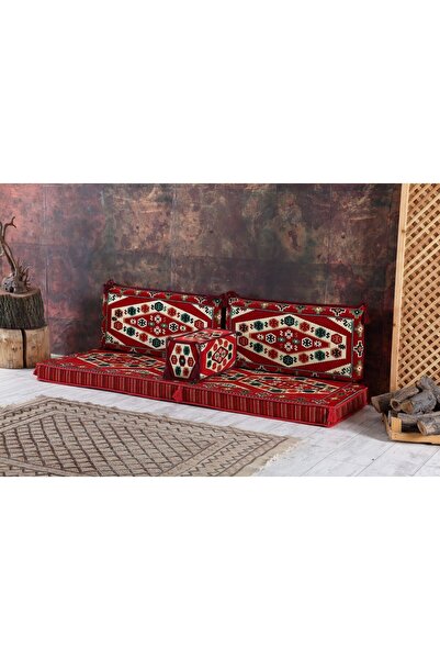 BAKIRÖZÜ HOME Şark Köşesi Takımı, Ev ve Mobilya, Şark Odası 4 Parça Yörük Kırmızı Boş Kılıf ( Süngersiz)