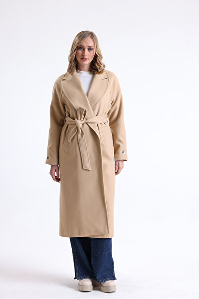 kabancım Kadın Kuşaklı Premium Dokulu Kaşe Kaban