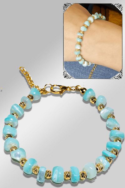 Tesbih Atölyesi Certified Amorphous Model Light Blue Colored Mother of Pearl Bracelet (Adjustable)