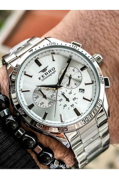 FERRO New Collection Functions Active Silver Color, White Dial, Men's Wristwatch Bracelet