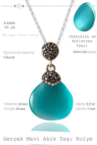 Tesbih Atölyesi Certified Zircon Stone Model Light Blue Agate Stone Necklace