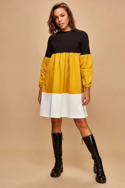 AQE FASHION Rochie tunică cu gât rotund blocat, negru, galben, alb