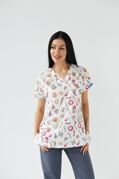 Dr. Mitra قميص نسائي من الليكرا بأكمام خفاش وممرضة وطبيب وطبيب أسنان منقوش