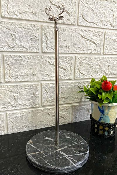 Jenisa Black Round Marble Decorative Roll Paper Towel Holder with Silver Deer Accessories