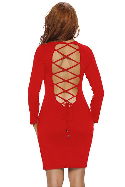 ModaLy Moda Rochie mini cu mânecă lungă, cu mânecă lungă, cu cravată la spate, neagră pentru scufundări 331