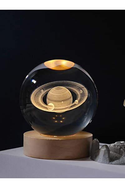 Zemtigo 3d Led Işıklı Ahşap Standlı Cam Satürn Gezegen Küre Dolunay Lamba Kar Küresi USB'li