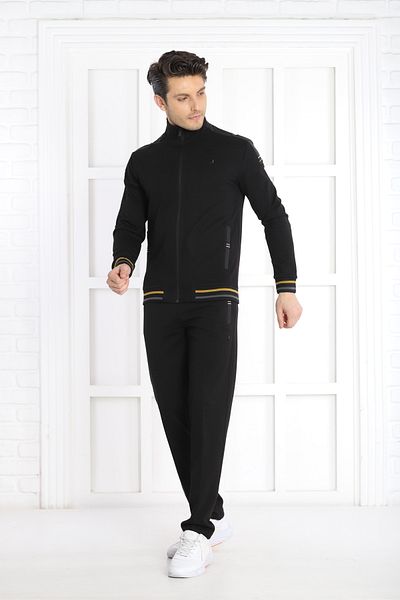 NEED LİFE Men's Black Comfortable Fit Pocket Pipe Leg Stand Collar Embroidered Double Cotton Tracksuit Set