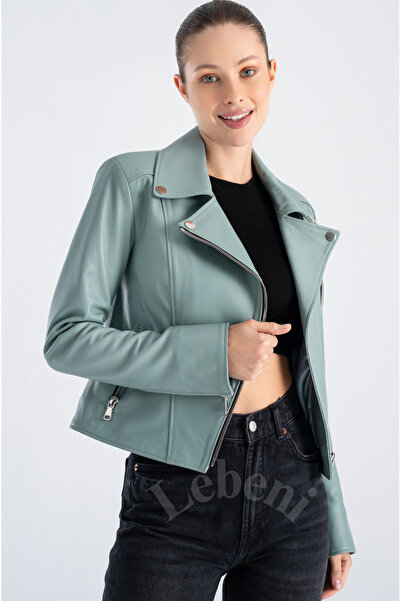 Lebeni Hakiki Deri Ceket Kadın - Kısa Geçek Deri Biker Ceket Slim Fit Mevsimlik
