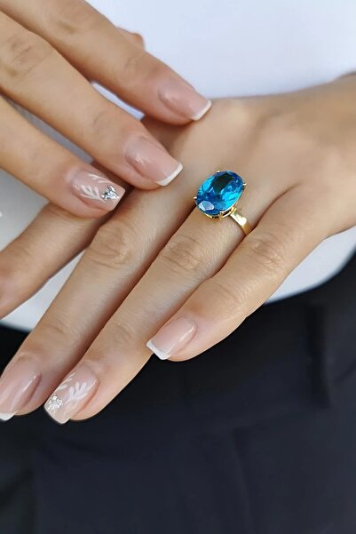 Utku Kuyumculuk 14 AYAR BLUE TOPAZ KRİSTAL TAŞLI ALTIN YÜZÜK
