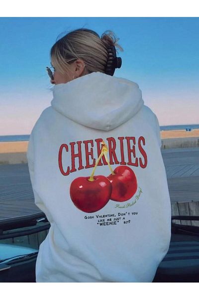 Touz Moda Φούτερ με κουκούλα με κουκούλα Street Wear Cherry Printed Unisex Ecru