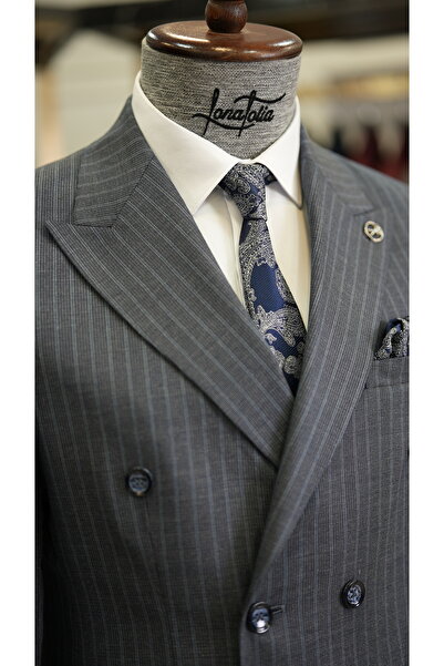 LONATOLİA Erkek Çizgili Kruvaze Takım Elbise İtalyan Stil Slim Fit Ceket Pantolon