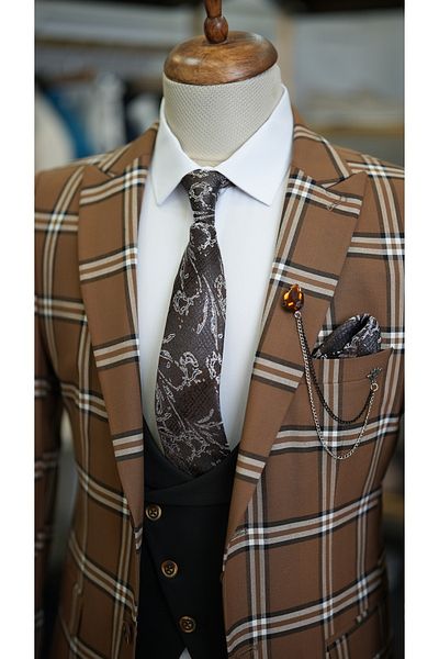 LONATOLİA Ανδρικό κοστούμι ιταλικής κοπής Slim Fit παλτό γιλέκο παντελόνι καφέ
