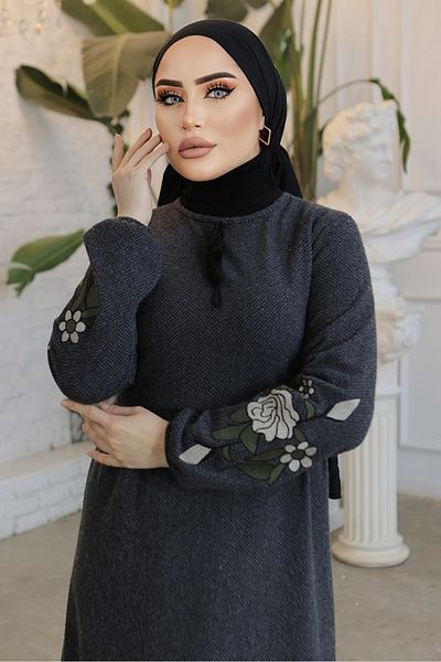 Bestenur Anthracite Hijab Dress 755 - Embroidered Sleeves