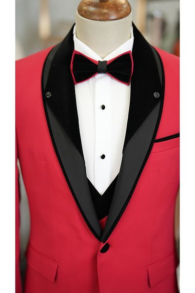 LONATOLİA Men's Tuxedo Groom Suit Shawl Collar Italian Cut Slim Fit Jacket Vest Pants Bow Tie-Red