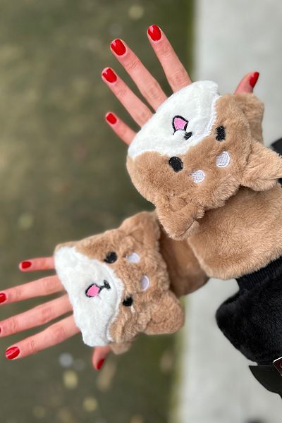 novon Teddy Bear Design Premium Plush Gloves with Fur Cover Buttons