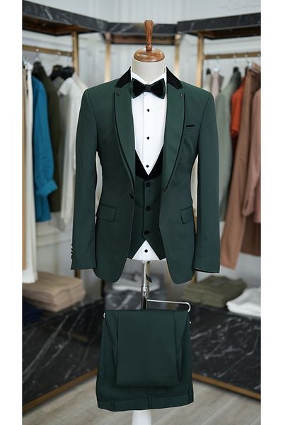 LONATOLİA Men's Tuxedo Groom Suit Shawl Collar Italian Cut Slim Fit Jacket Vest Pants Bow Tie-Green