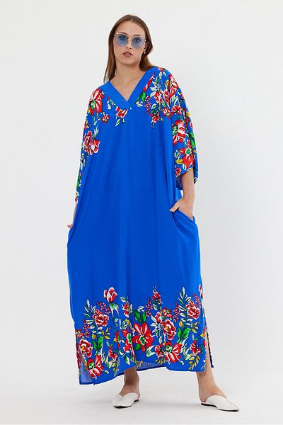 AYASOFYA OTANTIK Rochie de damă, albastră, cu decolteu în V, cu model de flori