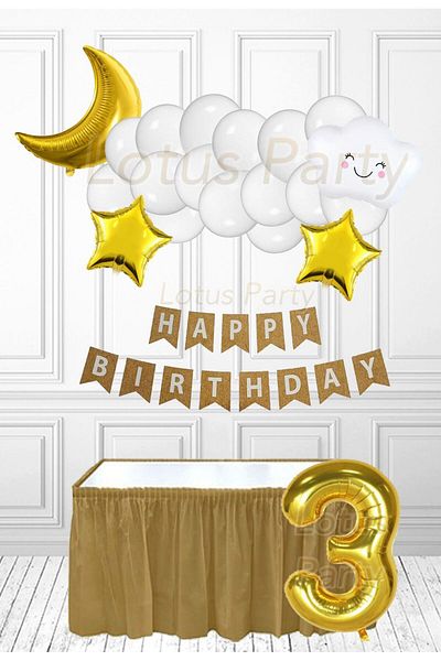 LOTUS PARTY Σετ Πάρτι 3 Χρόνων Χαριτωμένο Λευκό Συννεφάκι - Λευκά Συννεφάκια Χρυσό Φεγγάρι και Χρυσό Αστέρι Λευκό Μπαλόνι
