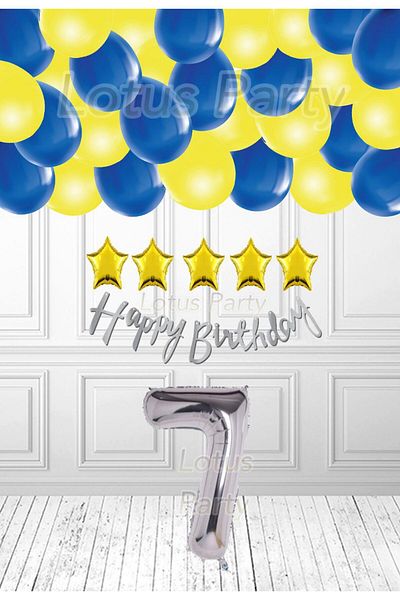 LOTUS PARTY Σετ πάρτι γενεθλίων 7 ετών Κίτρινο Navy Blue Balloon Fan με χρυσό αστέρι και ασημί αριθμό μπαλόνι